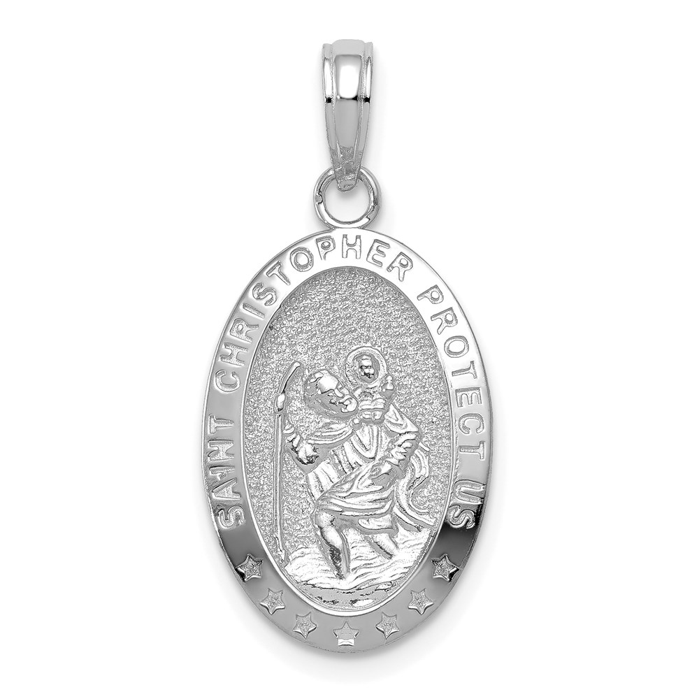 14k White Gold Polished Solid Saint Christopher Medal Oval Pendant - Image 1