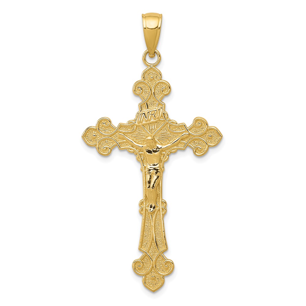 10K5571.jpg 10K Polished Textured INRI Crucifix Fleur de Lis Pendant - Image 1