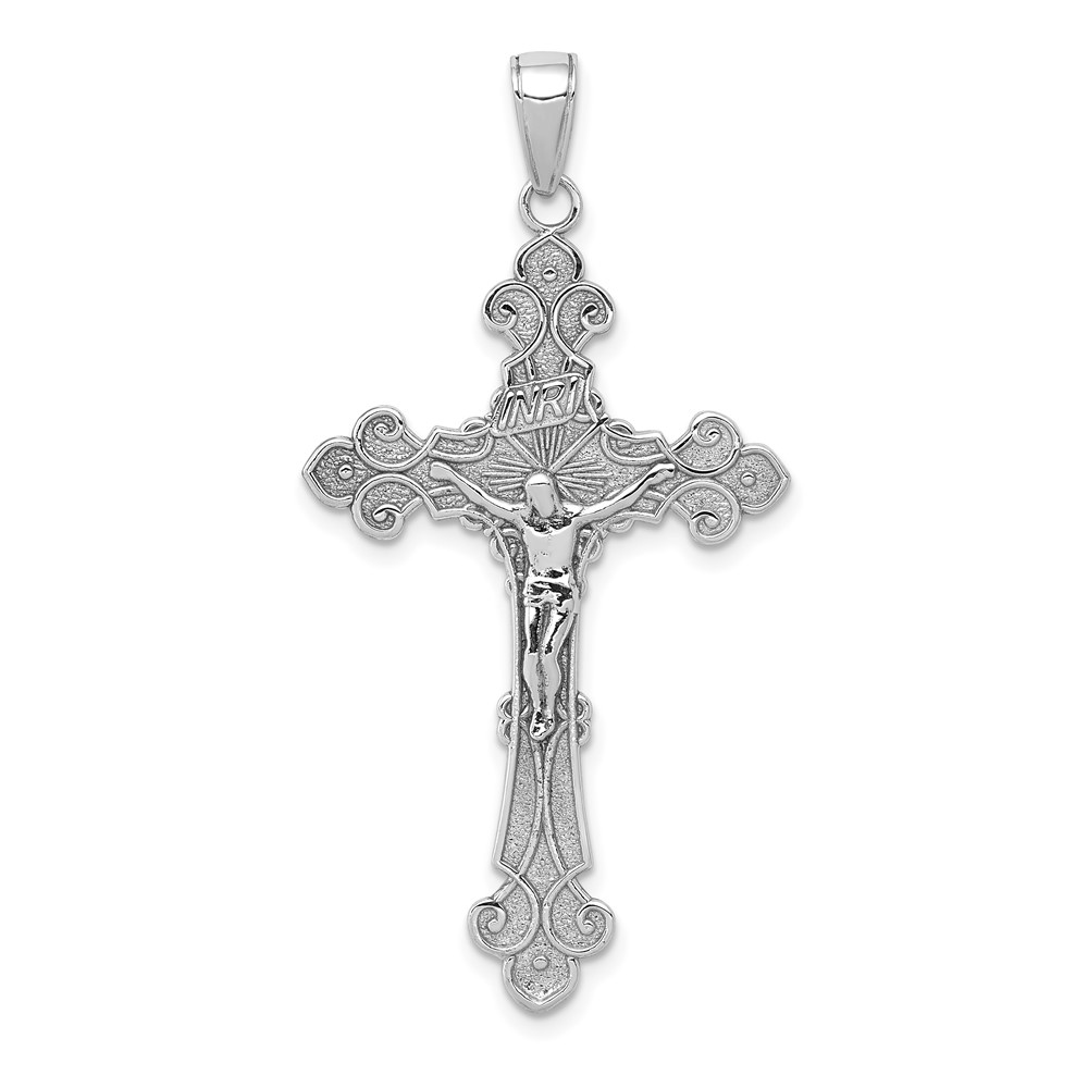 10K5571W.jpg 10K White Gold Polished Textured INRI Crucifix Fleur de Lis Pendant - Image 1
