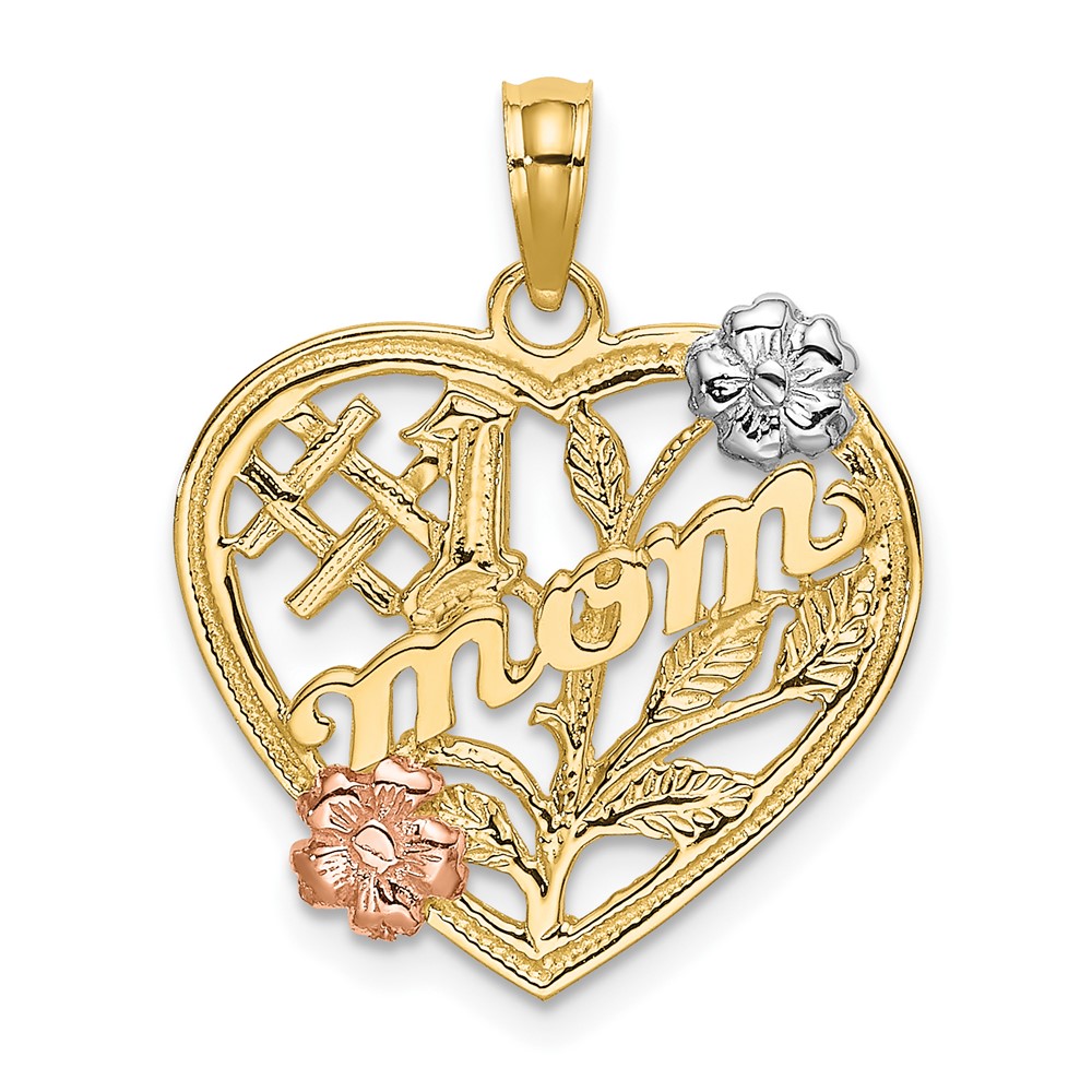10K9141.jpg 10k Two-tone w/White Rhodium #1 MOM Heart w/ Flower Charm - Image 1