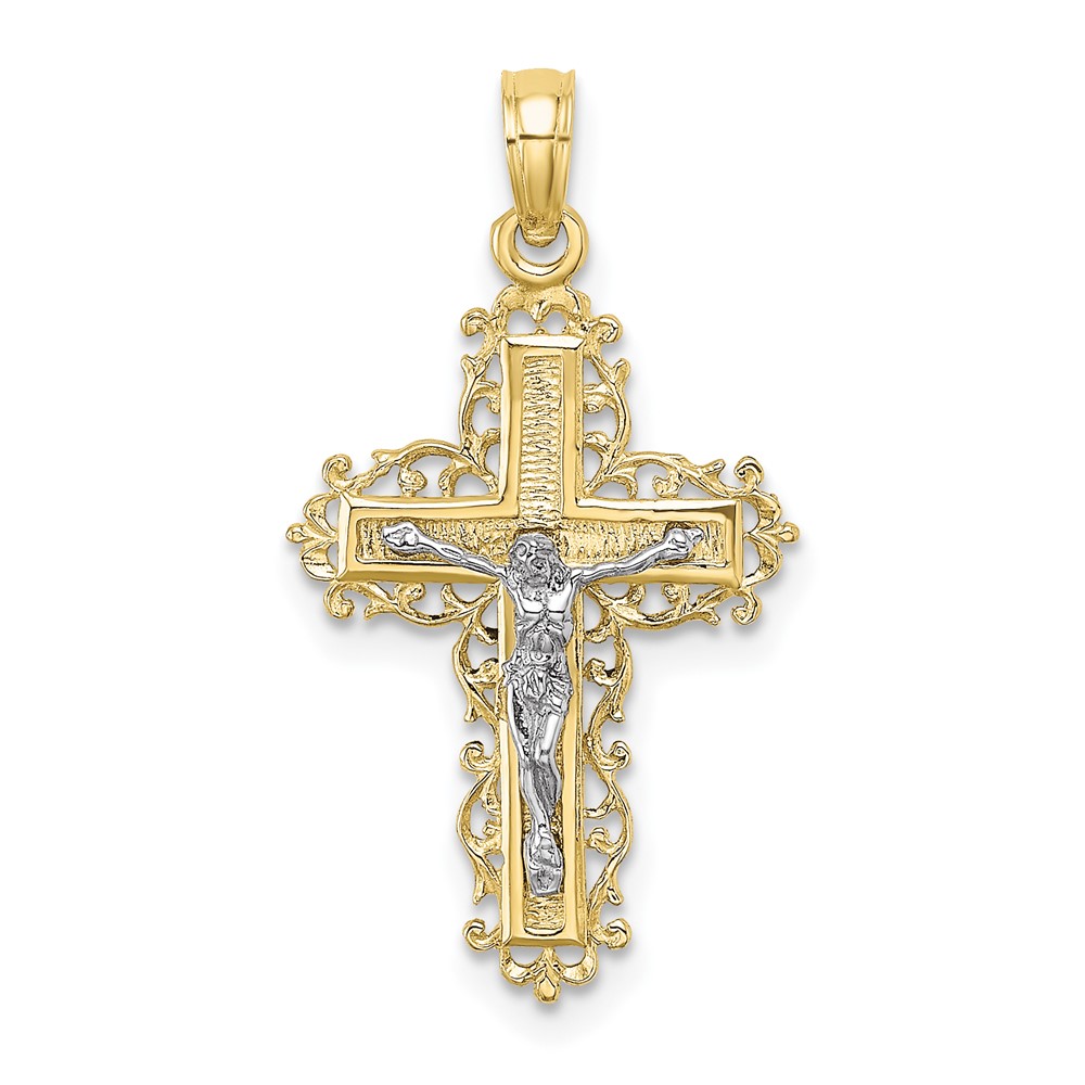 10K9174.jpg 10K Two-tone Textured w/ Lace Trim Crucifix Charm - Image 1