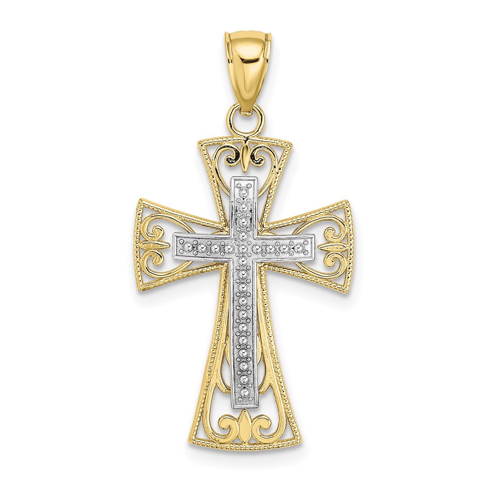 10K9502.jpg 10K Two-tone 2-D and D/C Beaded Filigree Cross Charm - Image 1