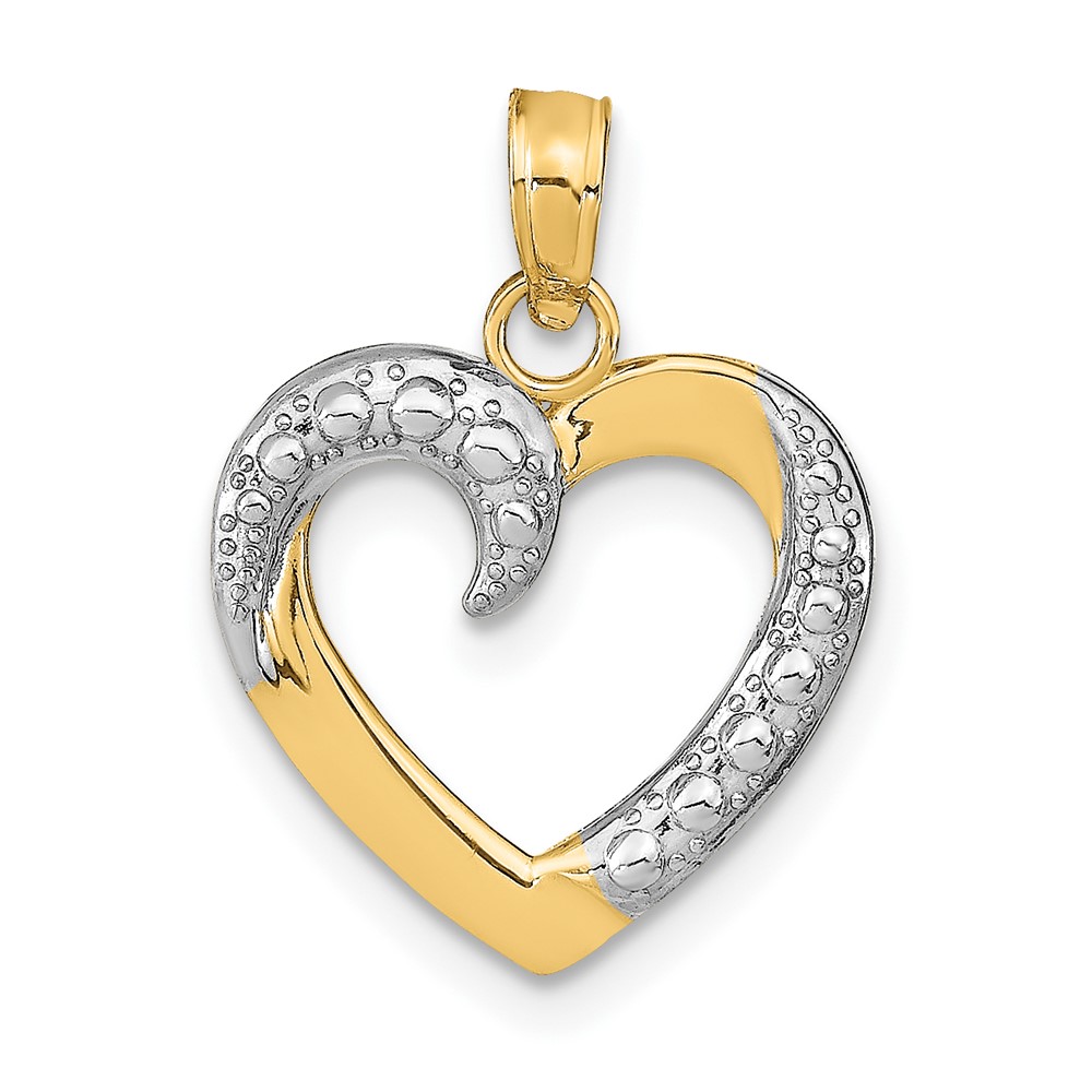 10K9678.jpg 10K w/Rhodium Polished and Textured Heart Pendant - Image 1