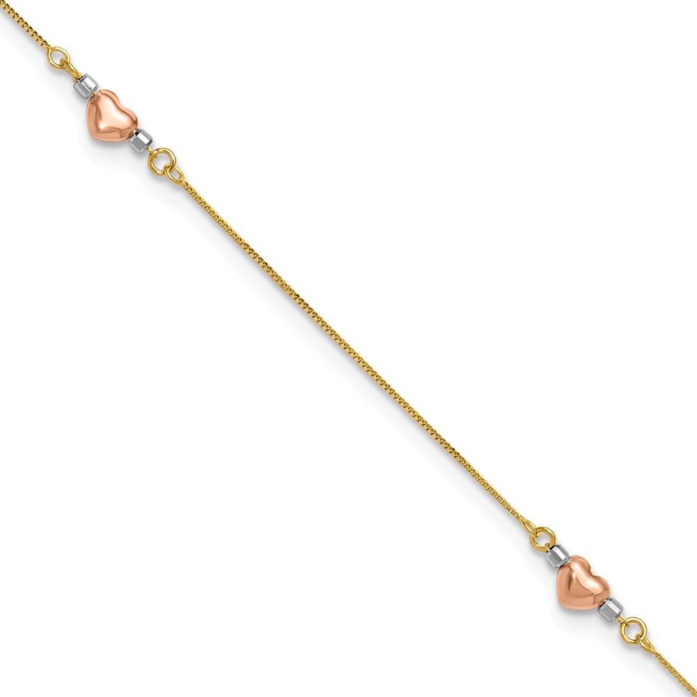 ANK161-9.jpg 14k Tri-Color Puffed Hearts and Beads Plus Extender - Total Anklet - Image 1