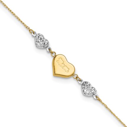 14K Two-tone Diamond-cut and MOM Puffed Heart Plus Extender - Total Anklet