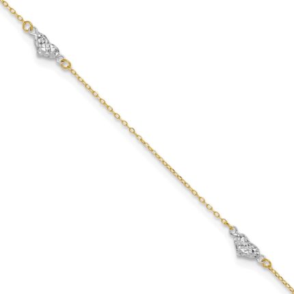 14k Two-tone Diamond-cut Triple Puffed Hearts Plus Extender - Total Anklet