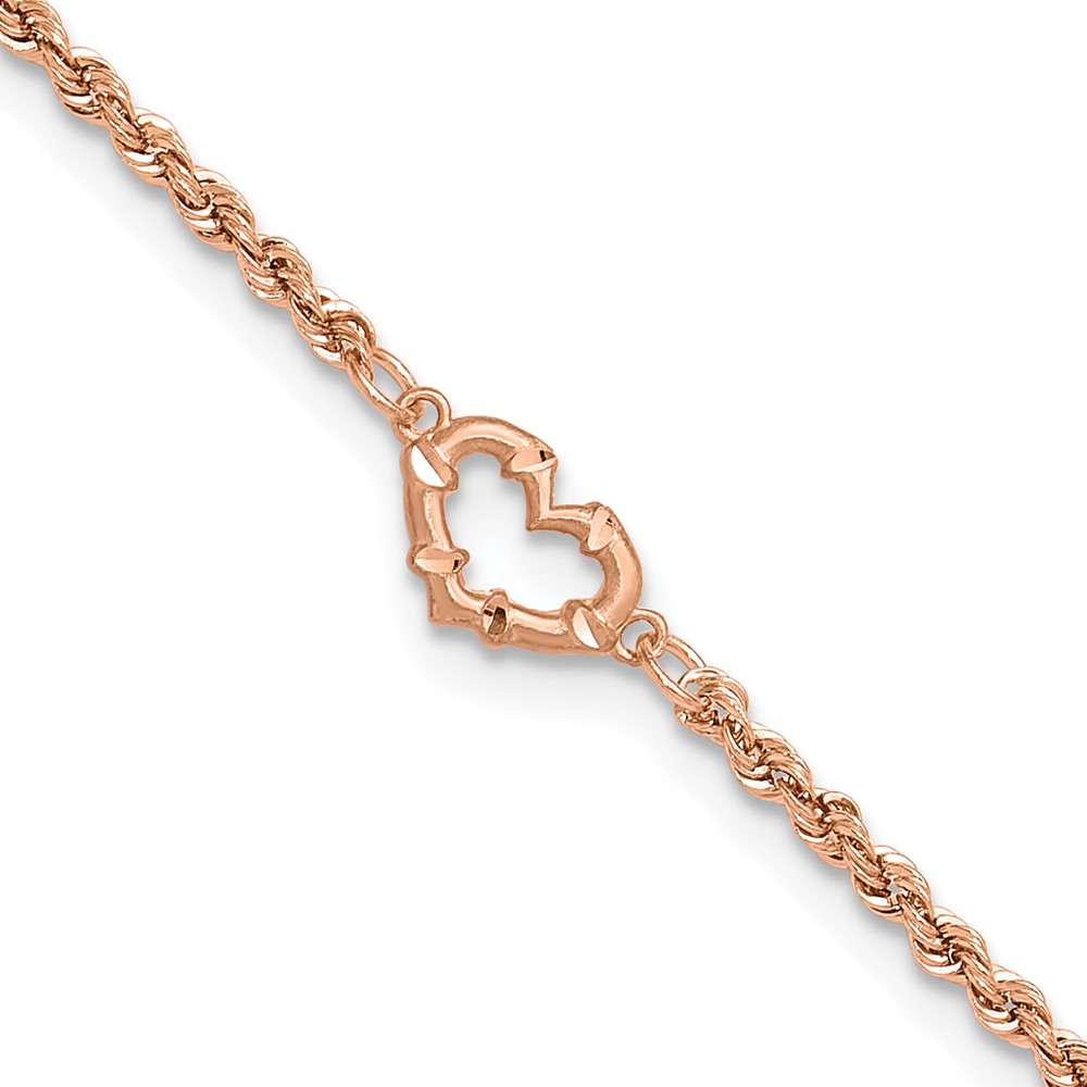 ANK310-9.jpg 14k Rose Gold Diamond-cut Open Heart and Rope Chain Anklet - Image 1