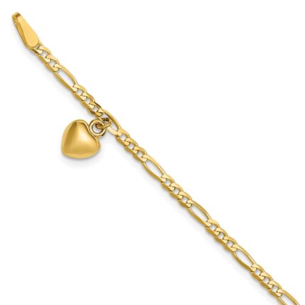 14k Figaro Link Chain with Dangling Puffed Heart Anklet