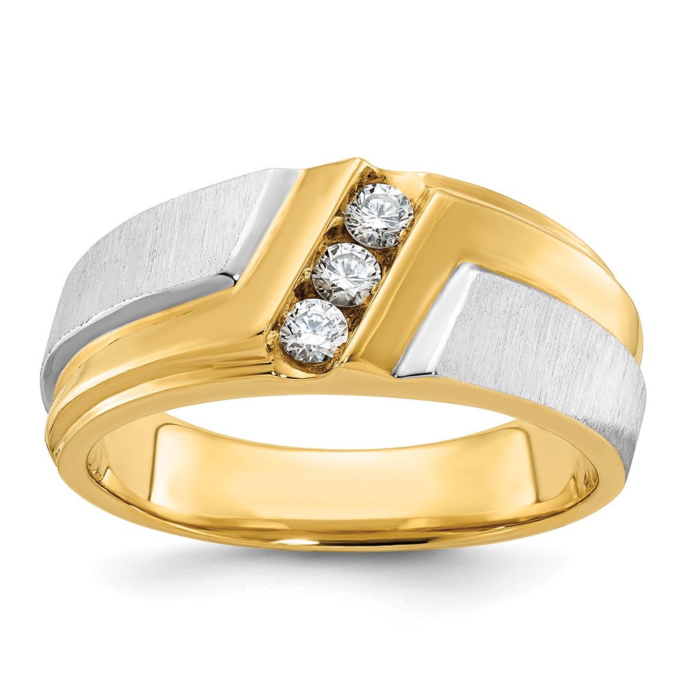 B58008-4YWAA-1.jpg IBGoodman 14k Two-tone Men's Polished Satin and Grooved 3-Stone 1/4 Carat AA Quality Diamond Ring - Image 1