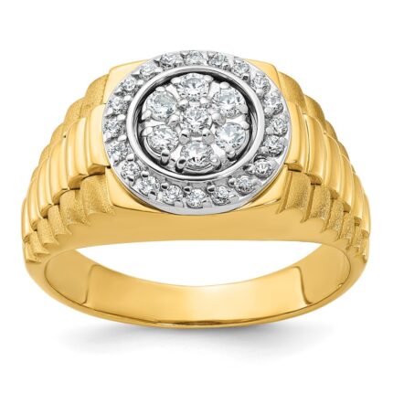IBGoodman 14k Two-tone Men's Polished Satin and Ribbed Round 1/2 Carat AA Quality Diamond Cluster Ring