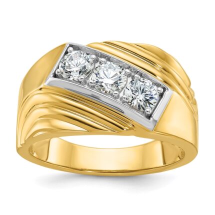IBGoodman 14k with White Rhodium Men's Polished and Grooved 3-Stone 1 Carat AA Quality Diamond Ring