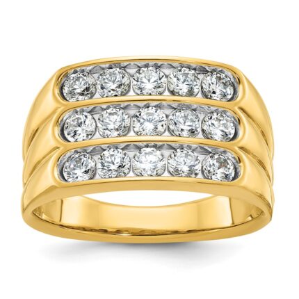 IBGoodman 14k Men's Polished and Grooved 3-Row 1.65 Carat AA Quality Diamond Ring