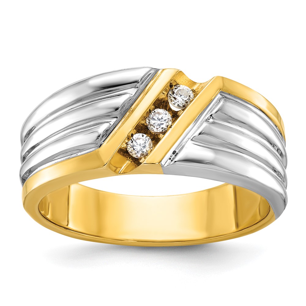 B62288-4YWAA.jpg IBGoodman 14k Two-tone Men's Polished and Grooved 3-Stone 1/6 Carat AA Quality Diamond Ring - Image 1