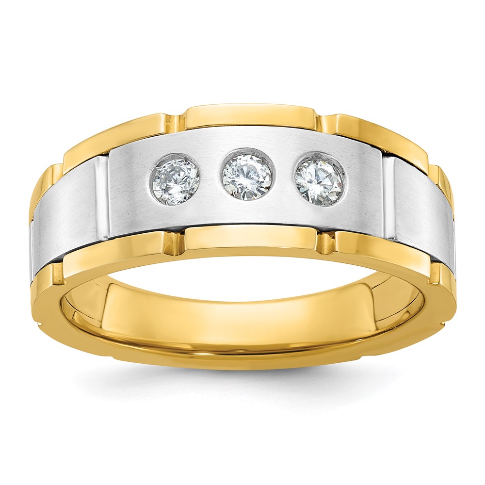 B63924-4YWAA.jpg IBGoodman 14k Two-tone Men's Polished Satin and Grooved 3-Stone 1/4 Carat AA Quality Diamond Ring - Image 1