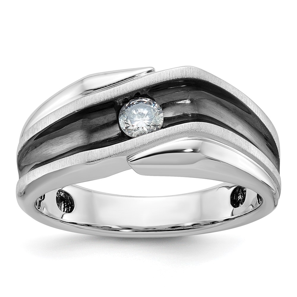 B64003-4WAA-6.jpg IBGoodman 14k White Gold with Black Rhodium 1/5 carat Lab Grown Diamond VS/SI+ G+ Complete Polished Satin and Grooved Men's Ring - Image 1