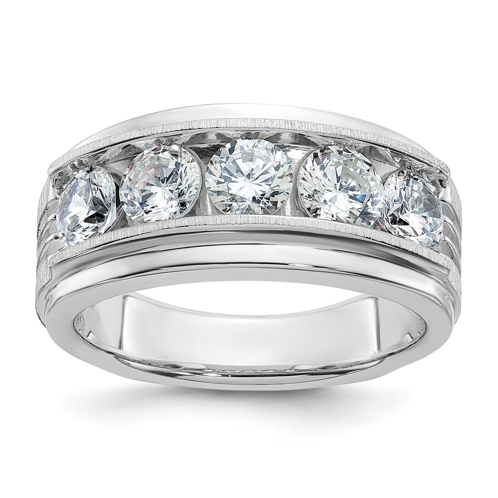 B64200-4WAA.jpg IBGoodman 14k White Gold 2 carat Lab Grown Diamond VS/SI+ G+ Five Stone Complete Polished Satin and Grooved Men's Ring - Image 1