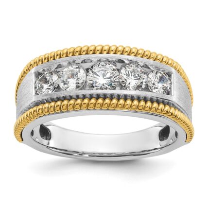 IBGoodman 14k Two-tone 1 carat Lab Grown Diamond VS/SI+ G+ Five Stone Complete Polished Satin and Textured Men's Ring