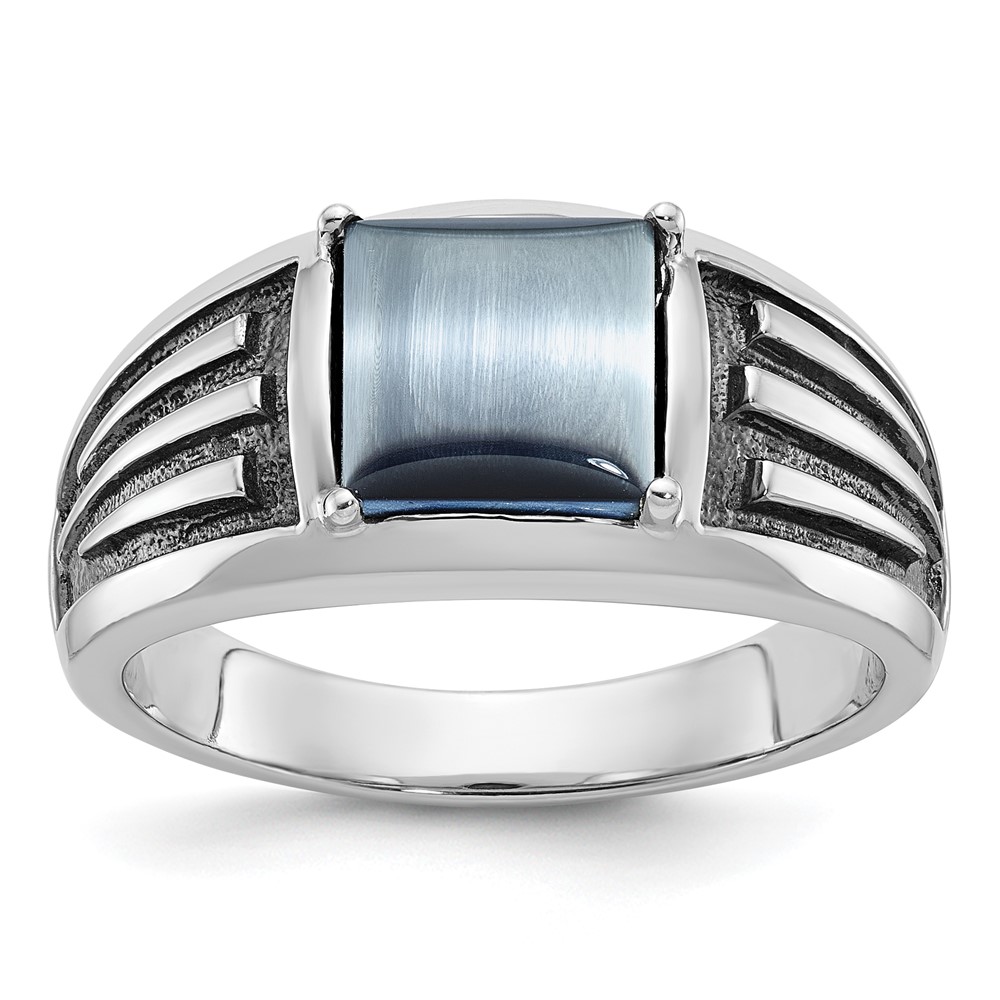 B84488-4WCAT-1.jpg 14k White Gold with Black Rhodium IBGoodman Men's Imitation Gray Cat's Eye Complete Ring - Image 1