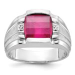 14k White Gold IBGoodman Men's Satin Created Ruby and Diamond Complete Ring