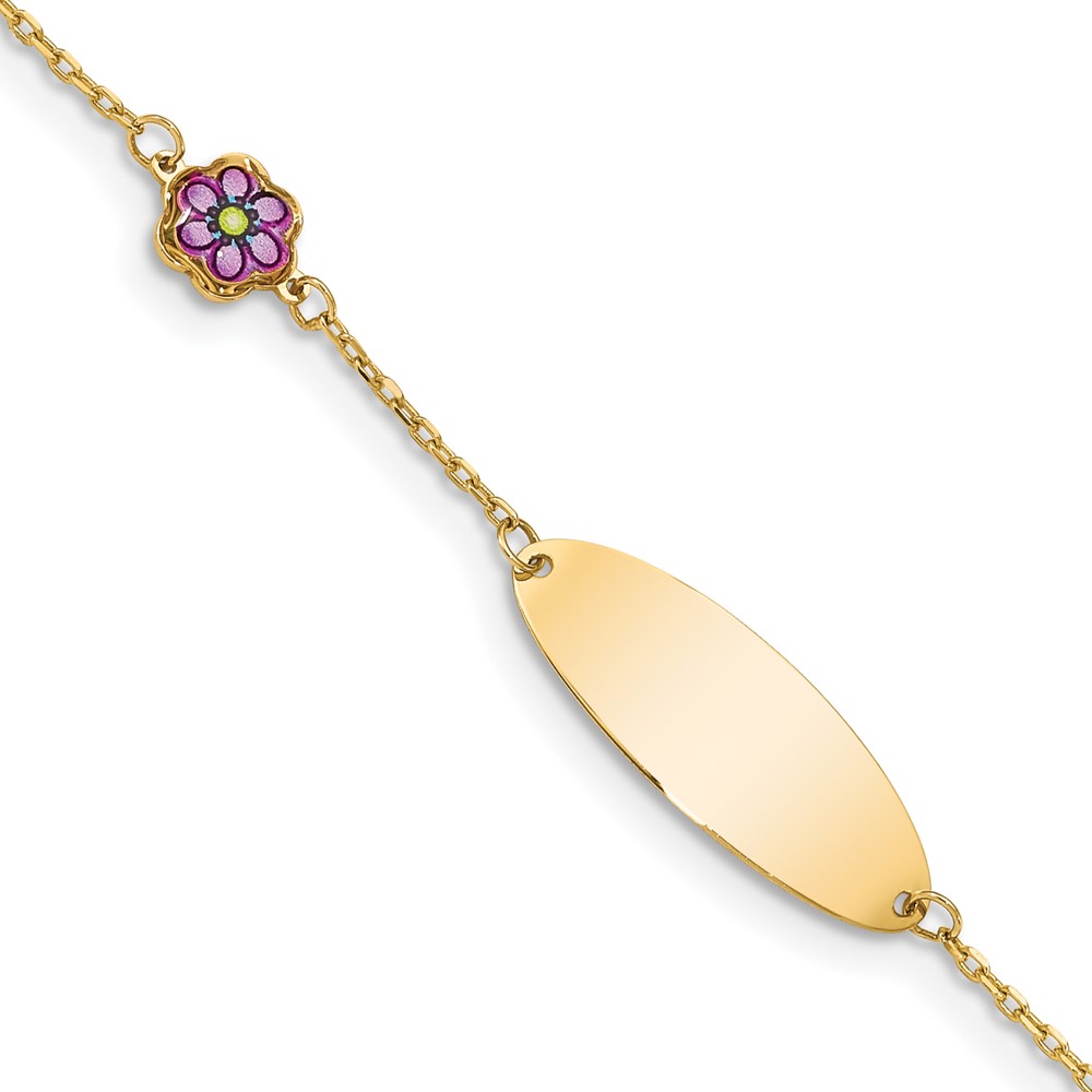 BID105-5.5.jpg 14K Polished Purple Enamel Flower and 20x7mm Plate 5.Baby/Child ID Bracelet with 0.Extender - Image 1