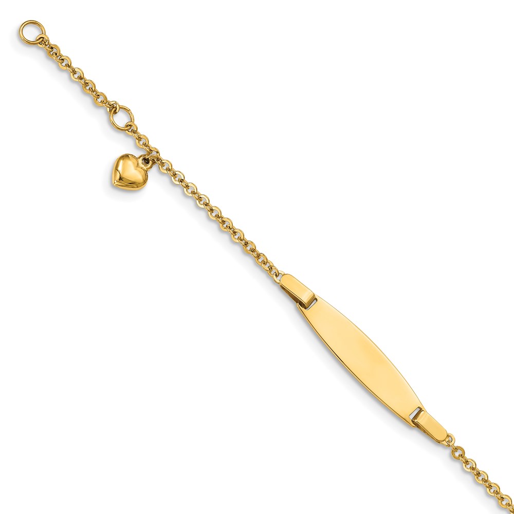 BID87-4.5-1.jpg 14K Polished Solid Chain/Solid Plate Heart Dangle 20x6mm Plate 5 inch Baby/Child ID Bracelet with 1 inch Extender - Image 1