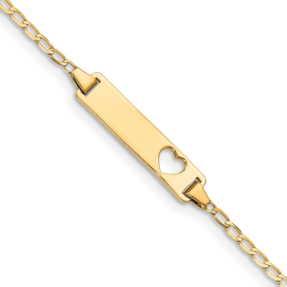 BID97-6.jpg 14k Polished Solid Chain/Solid Plate Flat Curb Link Cut-out Heart 20x5mm Plate 5.5 inch Baby/Child ID Bracelet - Image 1
