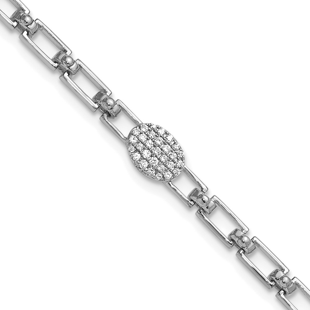 BM10276-014-WAA.jpg 14K White Gold Polished Complete 1/8 carat Diamond Oval Cluster Fancy Link 7 inch Bracelet with 1 inch Extender - Image 1