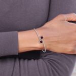 14k White Gold Complete Round Garnet and 1/8 carat Diamond Halo Flexible Bangle Bracelet - Image 3