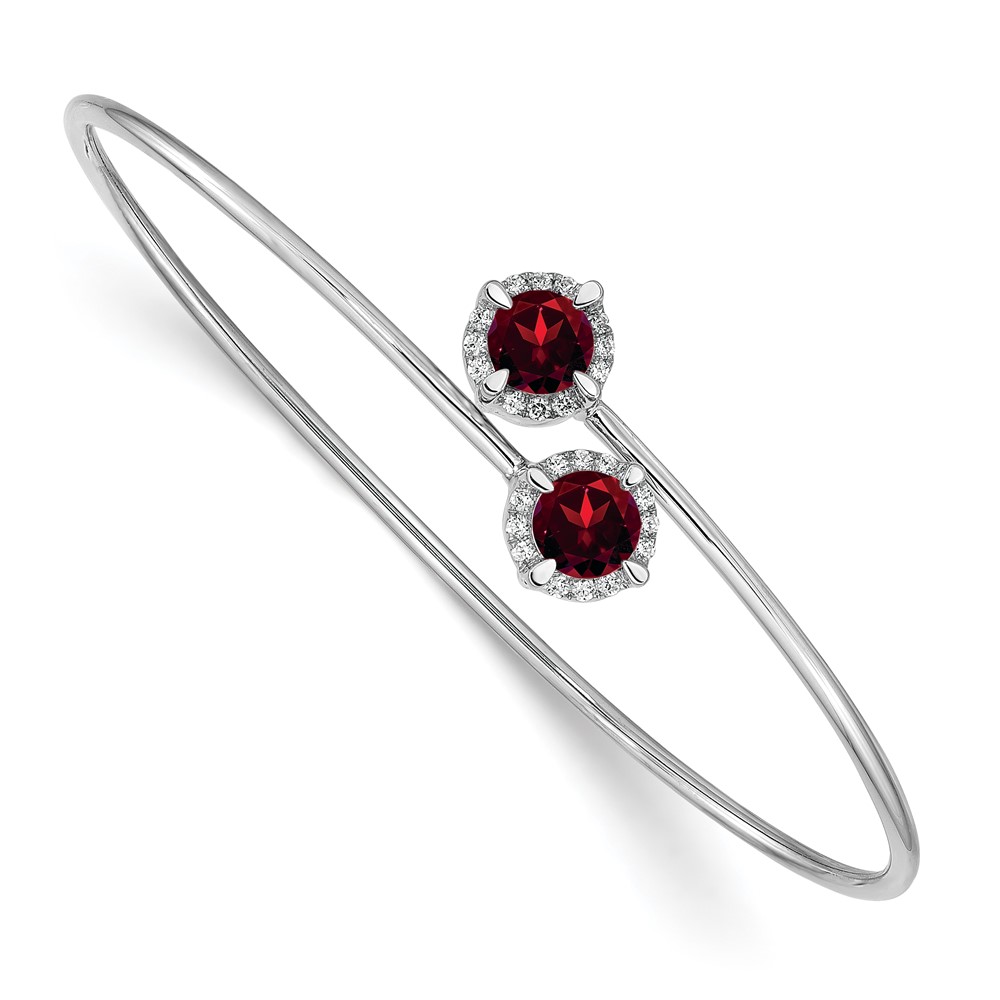 BM4506-GA-012-WA.jpg 14k White Gold Complete Round Garnet and 1/8 carat Diamond Halo Flexible Bangle Bracelet - Image 1