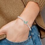 14k White Gold Complete Emerald and 1/6 carat Diamond Butterfly Hinged Bangle Bracelet - Image 3