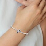 14k White Gold Complete Sapphire and 1/6 carat Diamond Butterfly Hinged Bangle Bracelet - Image 4