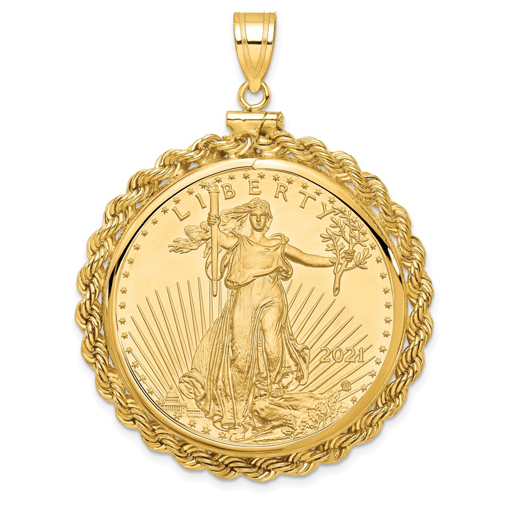 C1215_32.7C.jpg Wideband Distinguished Coin Jewelry 14k Polished Rope Mounted 1oz American Eagle Screw Top Coin Bezel Pendant - Image 1