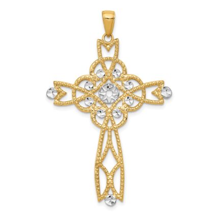 14K and White Rhodium Diamond-cut Beaded Trim Cross Pendant
