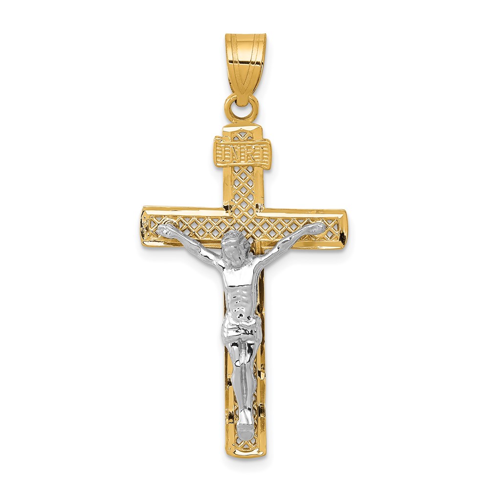 C4347.jpg 14K Two-tone Diamond-cut Lattice Cross with Crucifix Pendant - Image 1