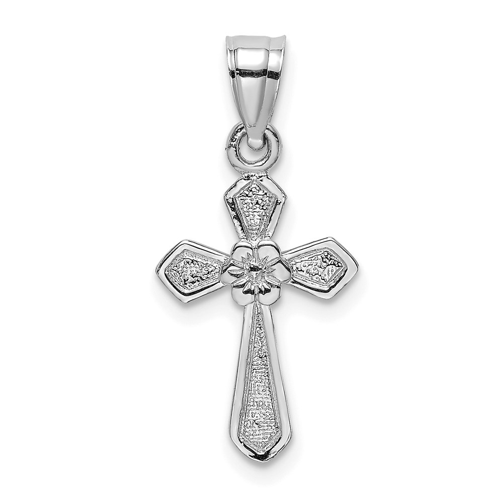 C4470W.jpg 14K White Gold Small Cross with Flower Pendant - Image 1