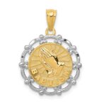 14K and White Rhodium BAPTISM with Praying Hands Scalloped Edge Round Pendant