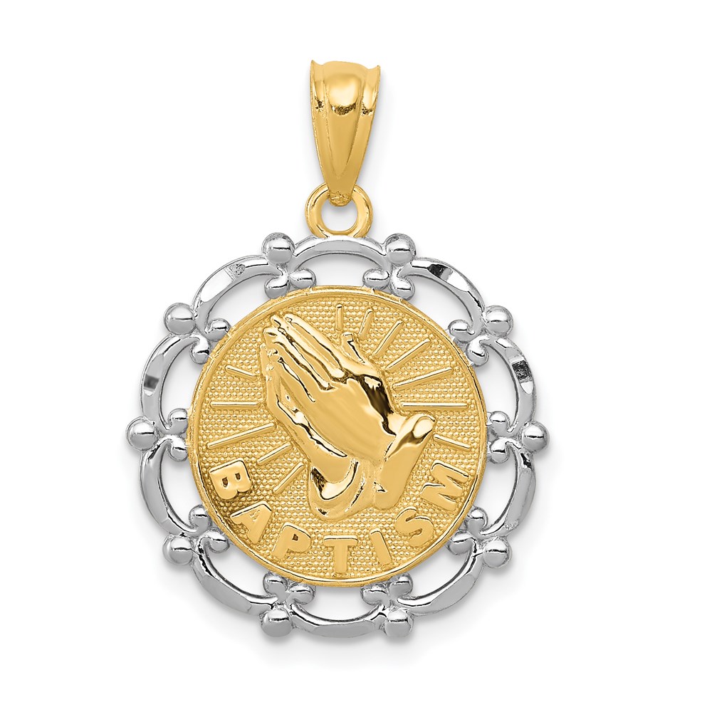 C4523.jpg 14K and White Rhodium BAPTISM with Praying Hands Scalloped Edge Round Pendant - Image 1