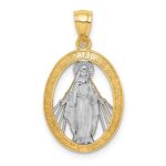14K and White Rhodium Polished Cut-out Miraculous Medal Oval Pendant