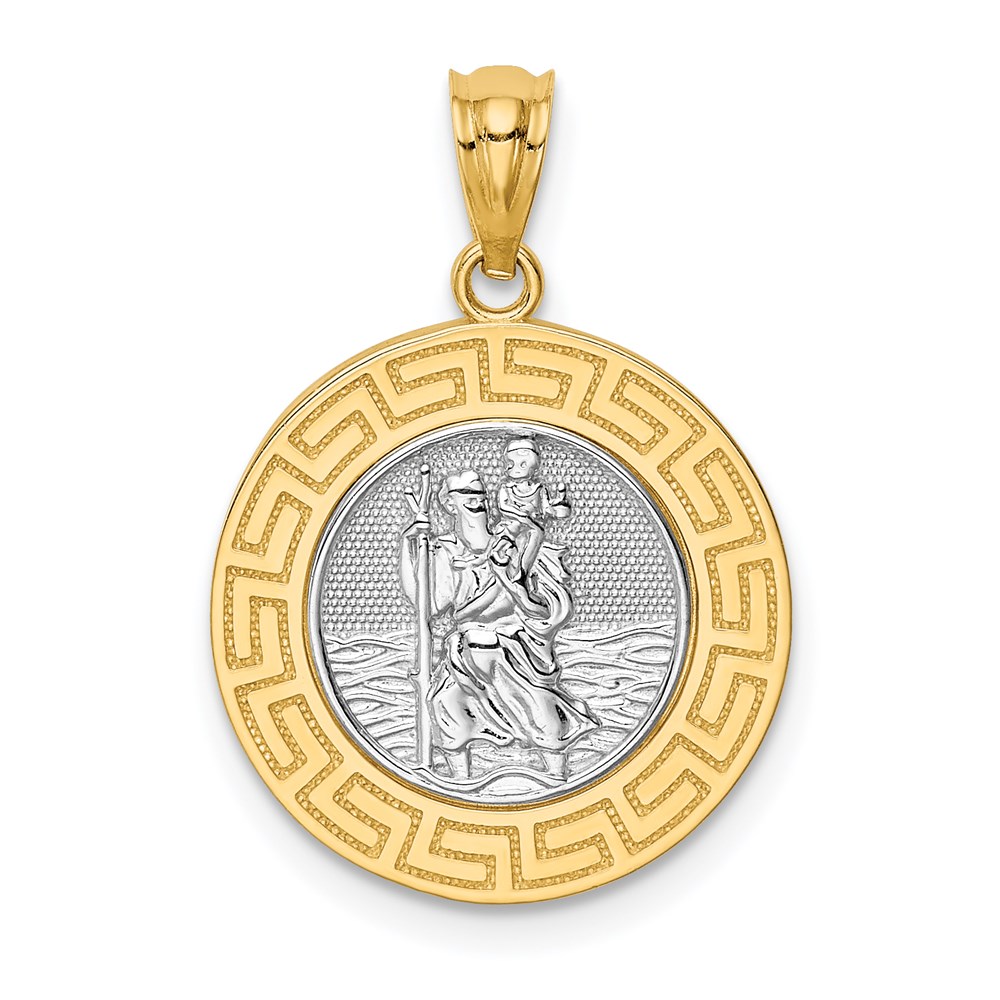C4713.jpg 14K and White Rhodium Solid St. Christopher Medal Greek Key Edge Round Pendant - Image 1