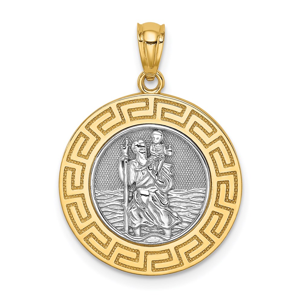 C4715.jpg 14K and White Rhodium Solid St. Christopher Medal Greek Key Edge Round Pendant - Image 1