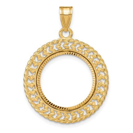 Wideband Distinguished Coin Jewelry 14k Polished and Diamond-cut Heart and Rope 16.5mm Prong Coin Bezel Pendant