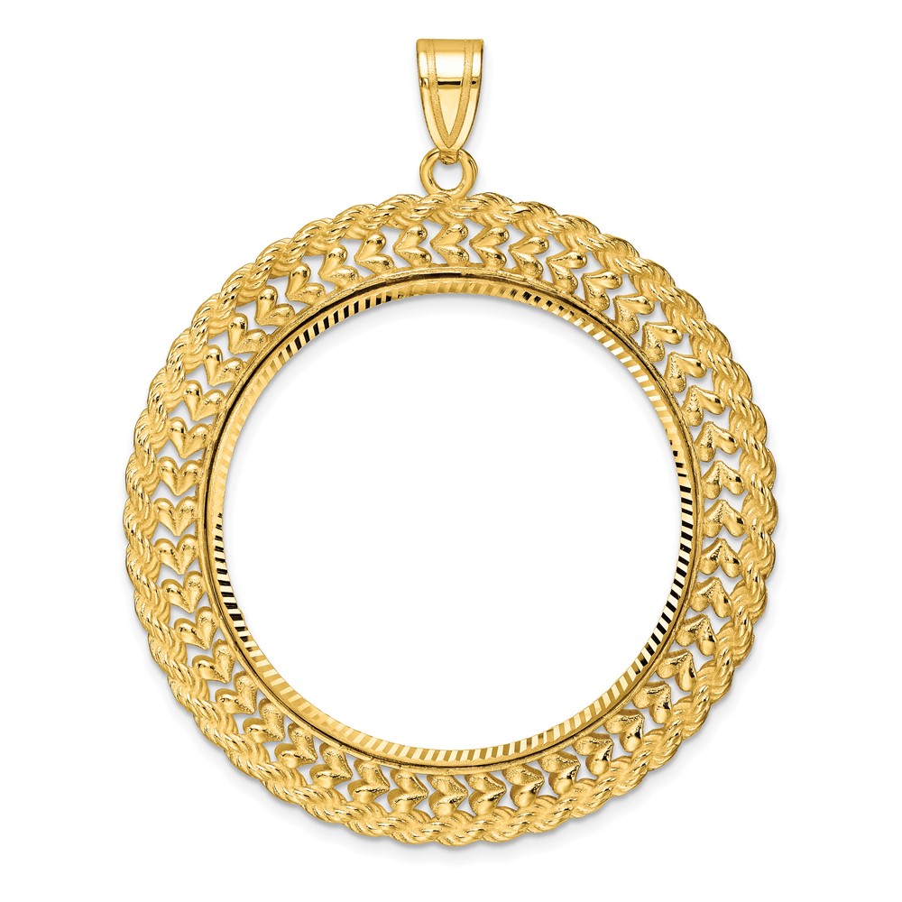 C8189D_32.7.jpg Wideband Distinguished Coin Jewelry 14k Polished and Diamond-cut Heart and Rope 32.7mm Prong Coin Bezel Pendant - Image 1