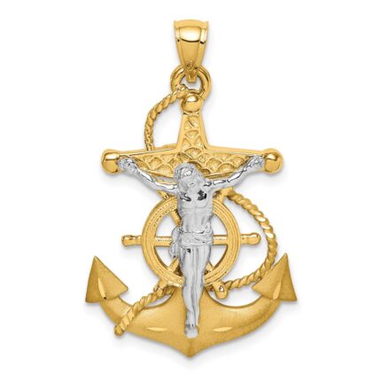 14K Two-tone Polished and Satin Diamond-cut Mariner Crucifix Pendant
