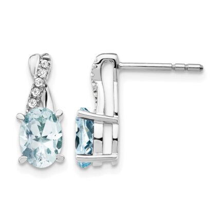 14K White Gold 7x5 Oval March/Aquamarine and Diamond Earrings