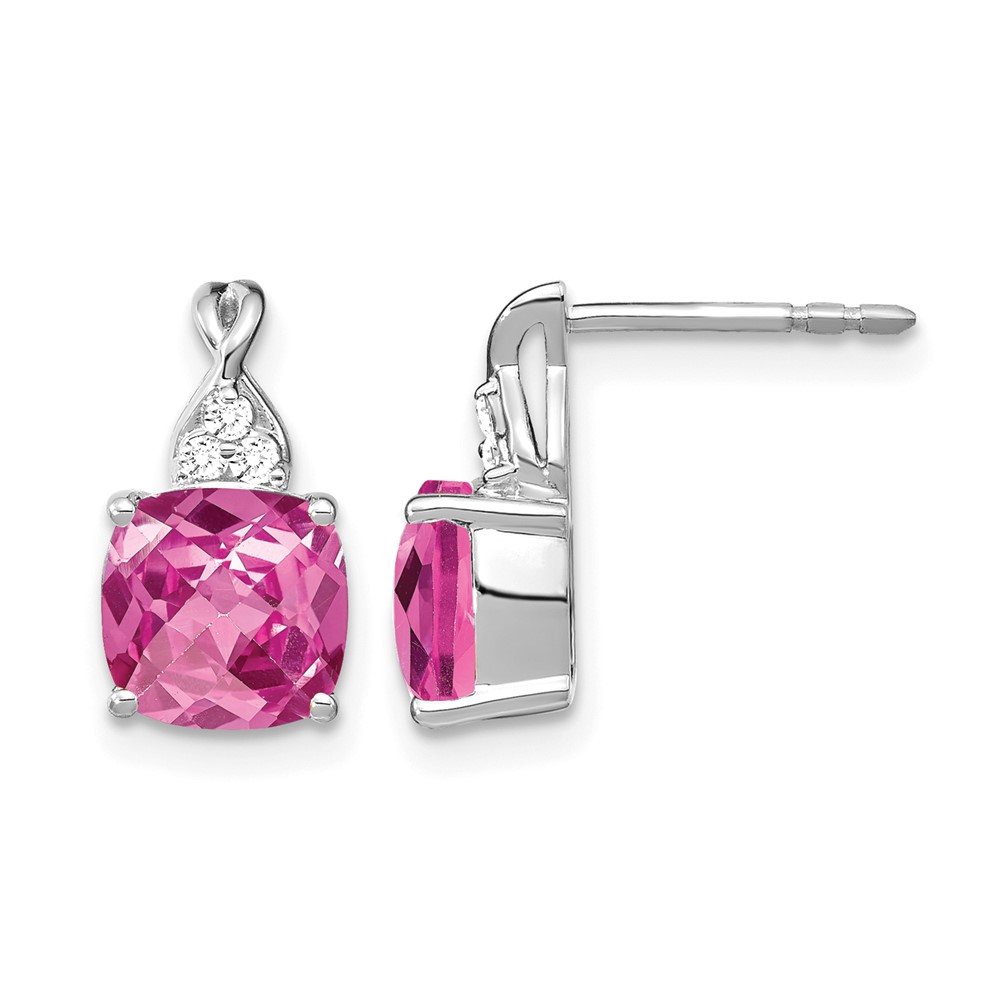 EM4393-CPS-006-WA.jpg 14k White Gold 7mm Cushion Checkerboard October/Lab Created Pink Sapphire and Diamond Post Earrings - Image 1