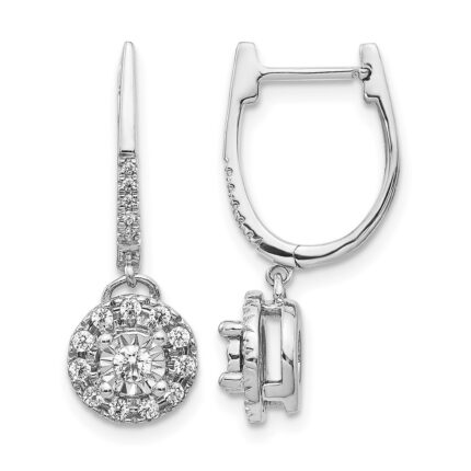 14k White Gold 1/3 carat Diamond Round Cluster Dangle Hinged Hoop Earrings