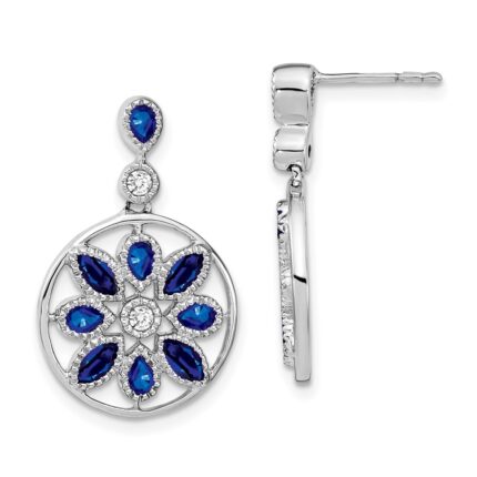 14k White Gold Marquise and Pear Sapphire and Diamond Floral Dangle Post Earrings