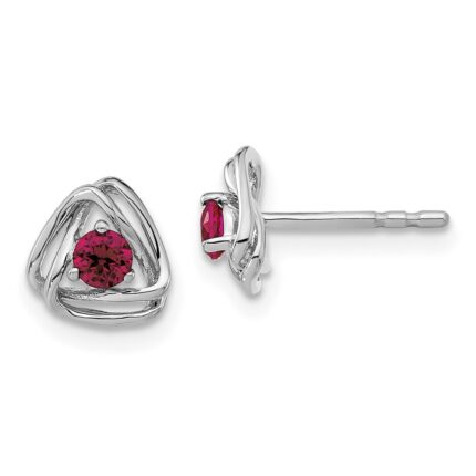 14k White Gold 3mm Round July/Lab Created Ruby Triangle Post Earrings