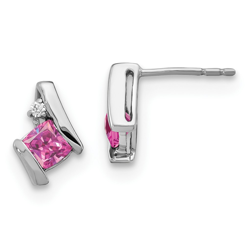 EM7398-CPS-003-WA.jpg 14k White Gold 4mm Cushion October/Lab Created Pink Sapphire and Diamond Post Earrings - Image 1