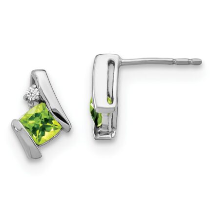 14k White Gold 4mm Cushion August/Peridot and Diamond Post Earrings